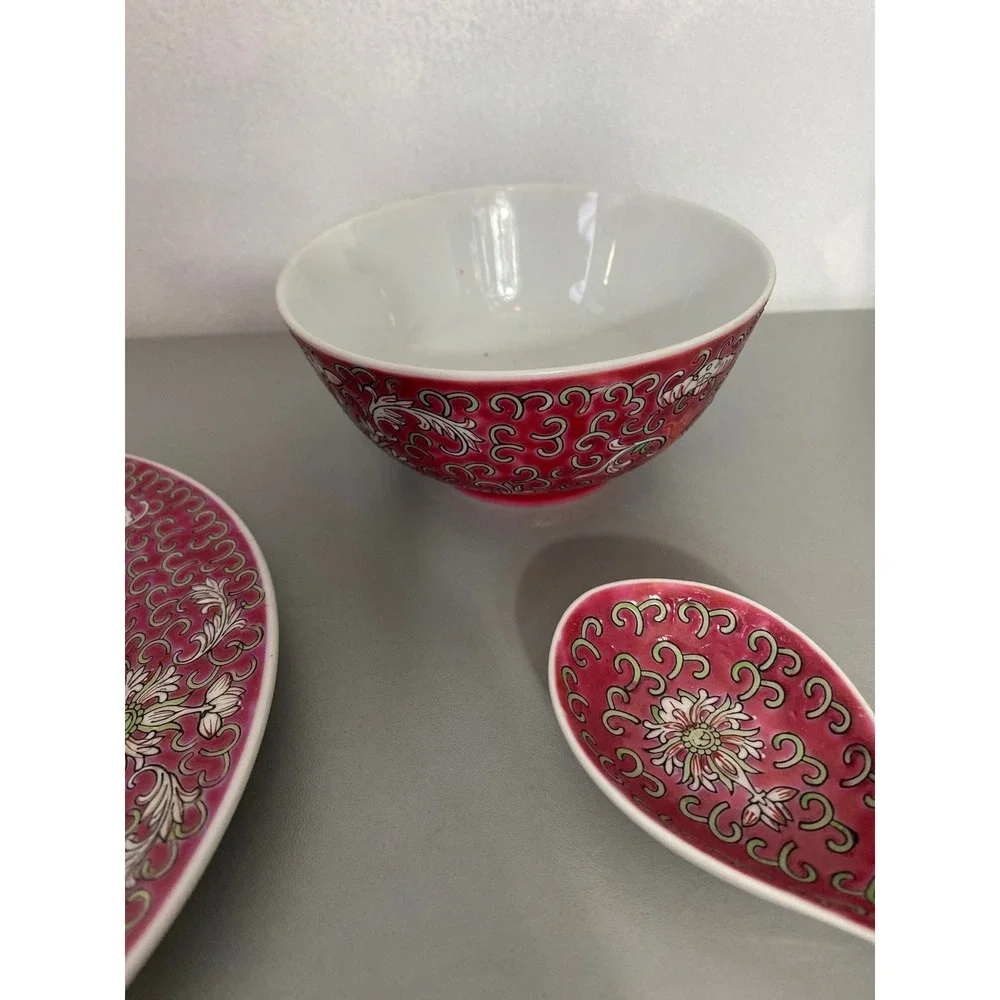 VTG Chinese Jingdezhen Mun Shou Famille Longevity Rice Bowl‎ spoon saucer pink